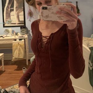 Merlot-wine colored cross tied chest shirt